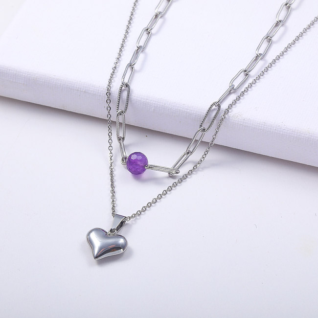 chaîne en couches à la mode en acier inoxydable 316L avec collier pendentif coeur