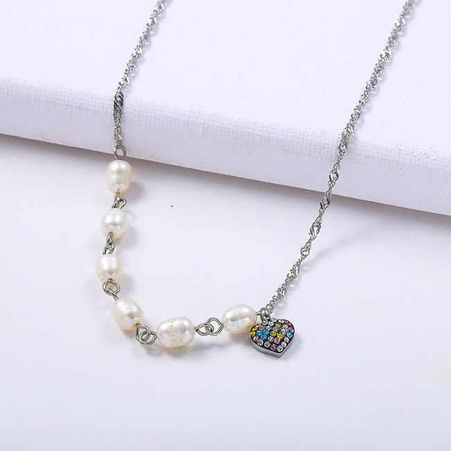 wholesale freshwater pearl beand with love heart charm choker necklace