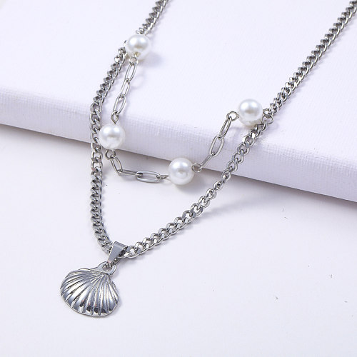 collier pendentif en coquille de perle naturelle en acier inoxydable à chaîne en couches