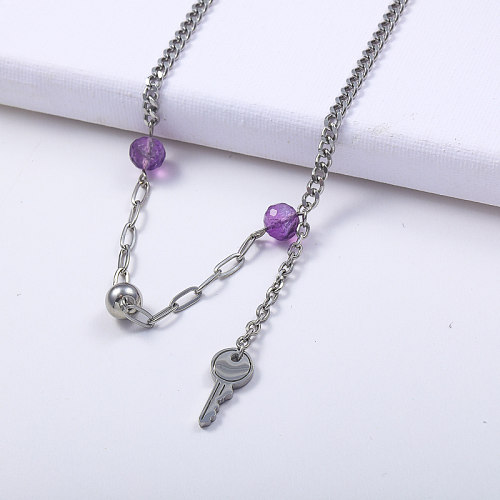 chaîne asymétrique en acier inoxydable avec collier en pierre d'opale violette
