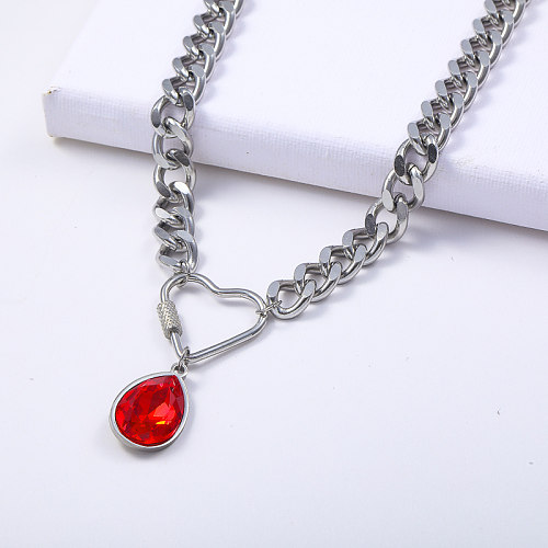 Collar de acero inoxidable 316L con colgante de cristal de gota de agua roja