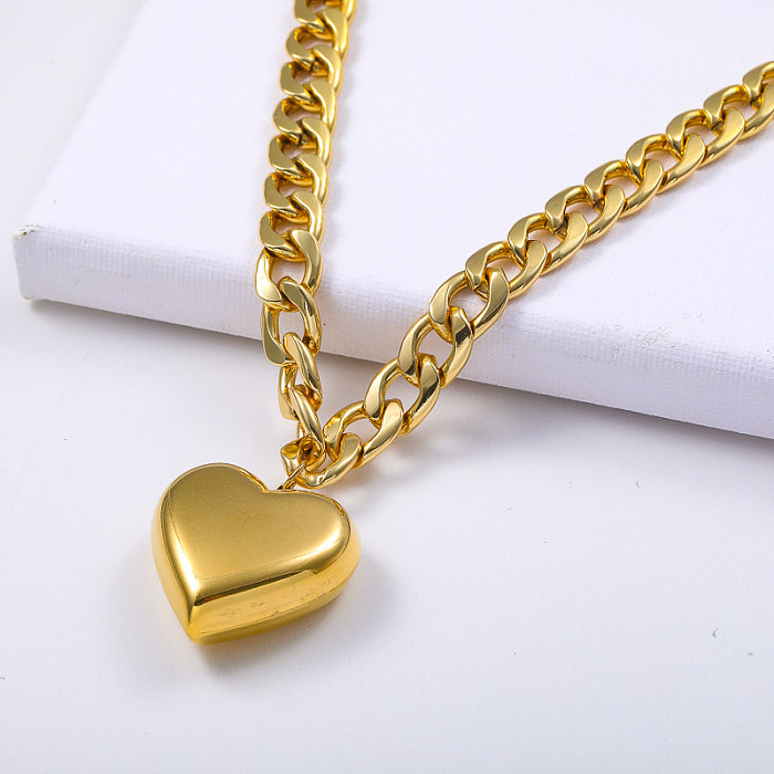 chaîne épaisse en acier inoxydable 316L avec collier pendentif coeur plaqué or