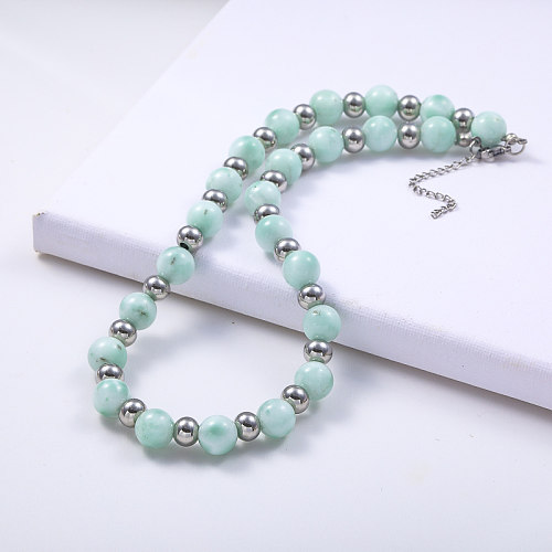 Fashion Stainless Steel Ball With Jade Natural Stone Beaded Necklace