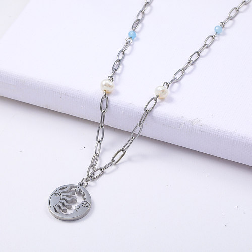trendy stainless steel with blue turquiose stone and natual pearl necklace