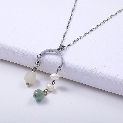 cadena clásica de acero inoxidable 316L con piedra opal y collar de perlas