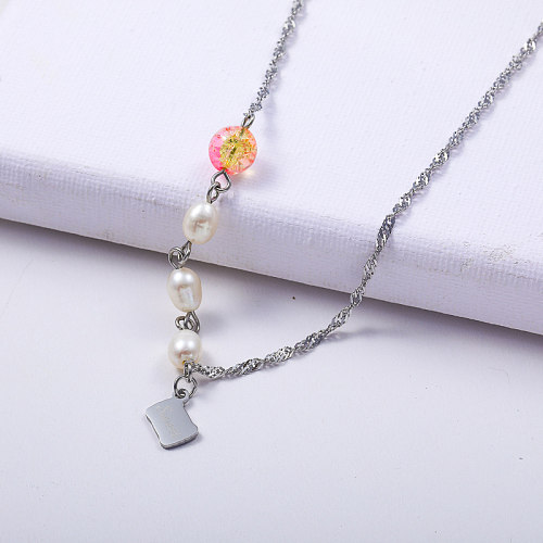 collier femme asymétrique en acier inoxydable 316L couleur naturelle avec perle