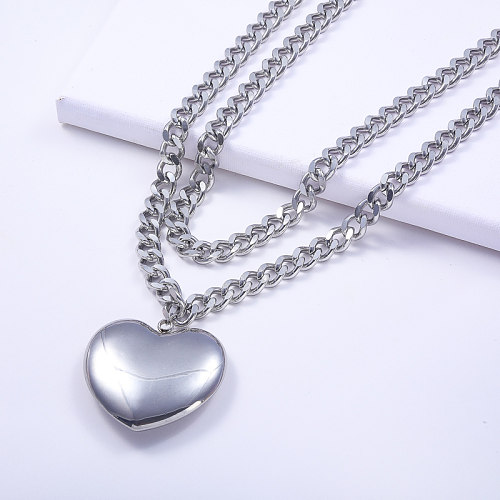 316L Stainless Steel Cuban Layered Chain Necklace Statement Heart Pendant Necklace
