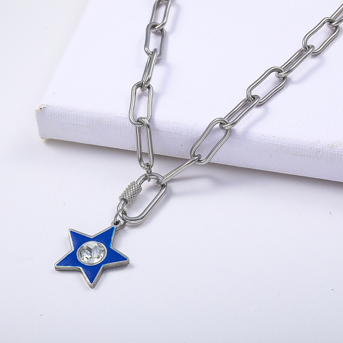 natural color 316L stainless steel with blue ename flower pendant necklace