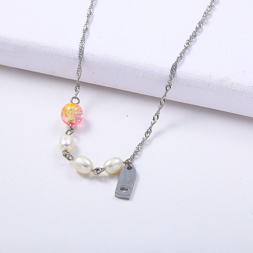 fashion stainless steel love tag with pearl necklace for women