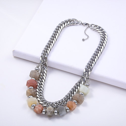 chaîne en couches en acier inoxydable avec collier femme en pierre d'opale naturelle