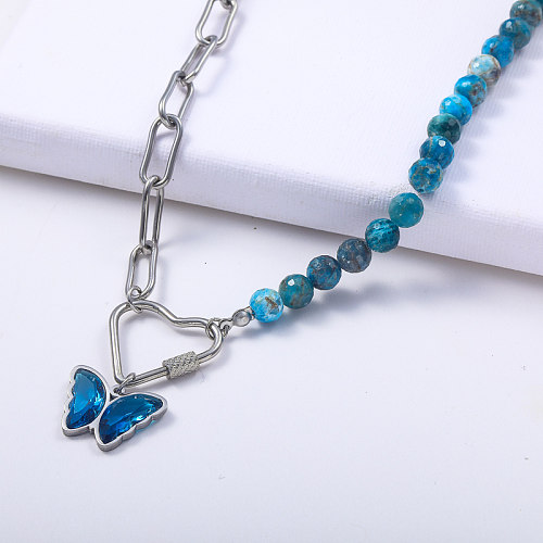 collier pendentif chaîne asymétrique acier inoxydable papillon bleu