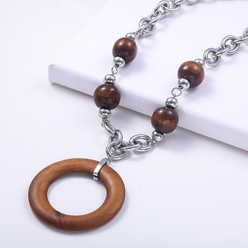acier inoxydable 316L minimaliste de couleur naturelle avec collier pendentif en bois