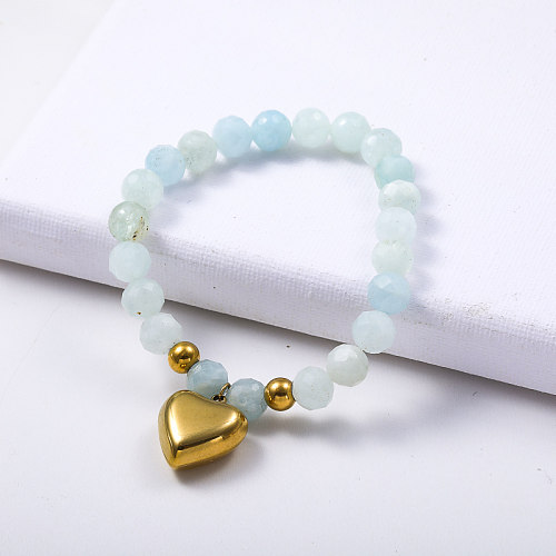 Hot Selling Blue Beaded With Gold Plated Stainless Steel Heart Pendant Bracelet