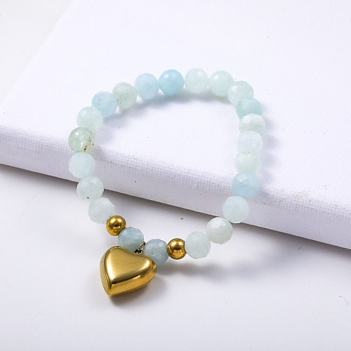 Venta caliente azul con cuentas con pulsera colgante de corazón de acero inoxidable chapado en oro