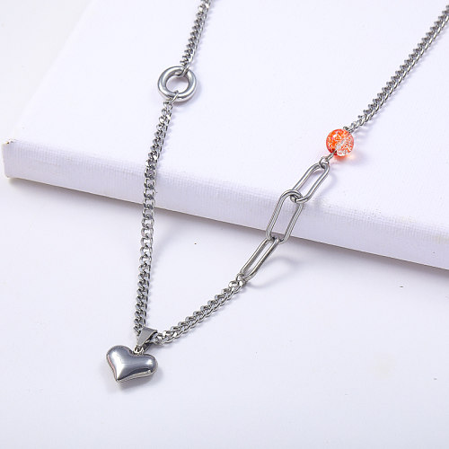 fashion stainless steel heart charm with beaded link chain necklace