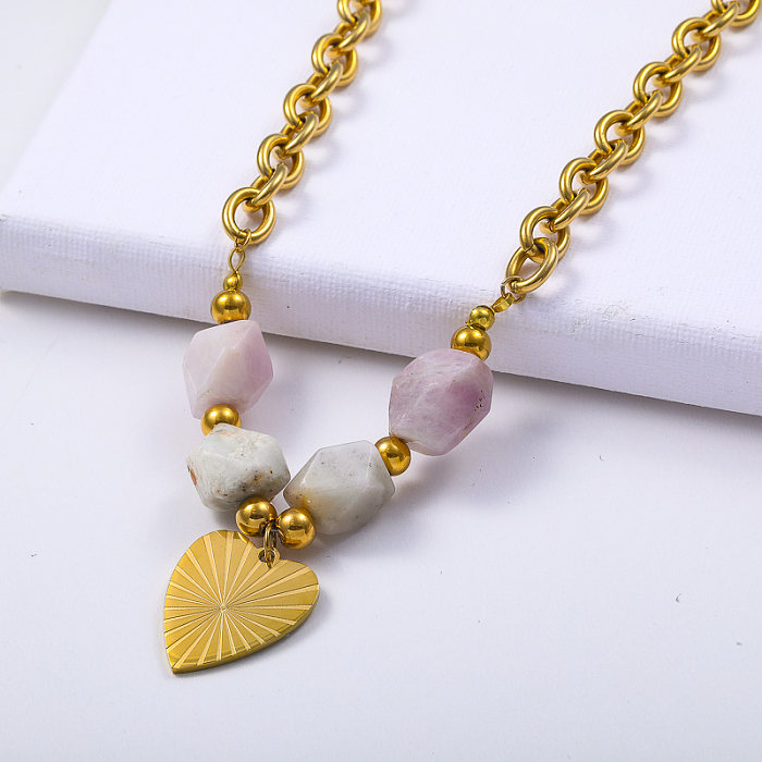 thick chain stainless steel with natural colorful opal stone heart pendant necklace