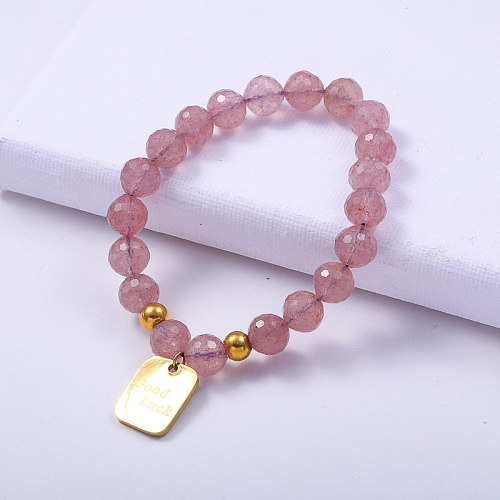 Benutzerdefinierte rosa Perlen mit Edelstahl-Anhänger-Armband Viel Glück Schmuck