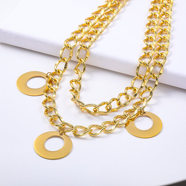 Punk Jewelry Gold Plated Stainless Steel With  Statement Pendant Layered Chain Necklace