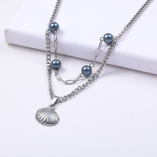 layered chain stainless steel blue turquiose shell pendant necklace
