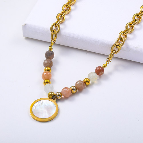 thick chain stainless steel with natural colorful opal stone circle pendant necklace
