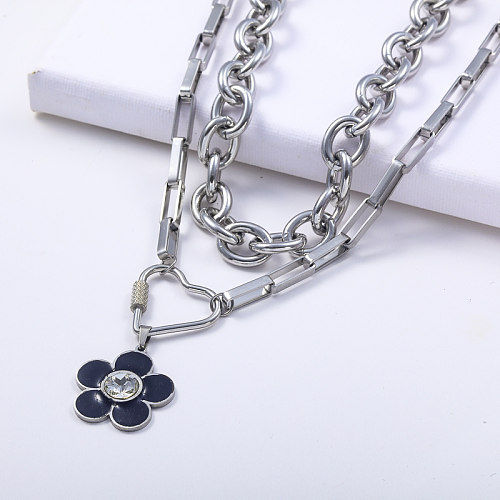 layered chain stainless steel with black flower pendant necklace