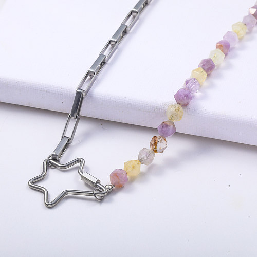 chaîne asymétrique en acier inoxydable avec pendentif atar minimaliste en pierre d'opale colorée