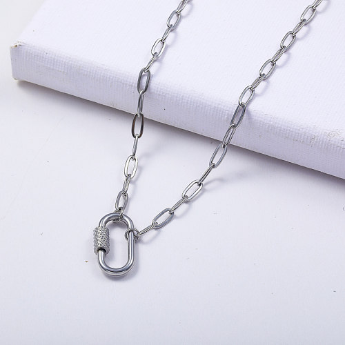 natural color stainless steel minimalist with lock pendant necklace
