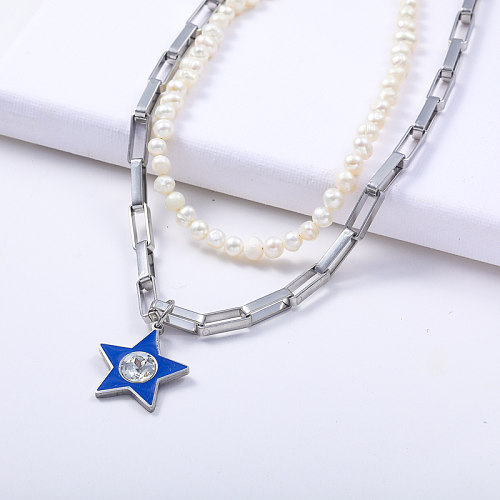 layered chain stainless steel with natual pearl star pendant necklace