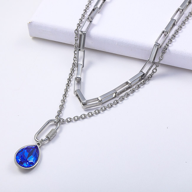 layered chain 316L stainless steel with water drop crystal pendant necklace