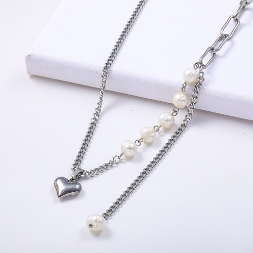 Abalorio de corazón de acero inoxidable a la moda con collar de cadena de eslabones de perlas de agua dulce para mujer
