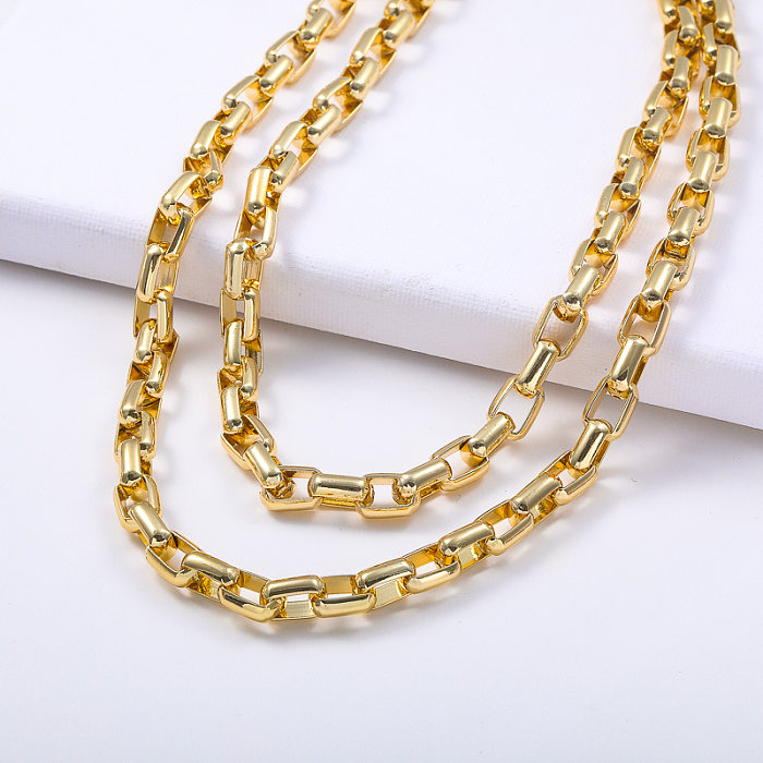 Collar en capas de declaración de cadena geométrica de forma ovalada de acero inoxidable chapado en oro a la moda