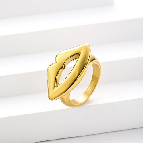 Anéis de declaração em forma de lábio de aço inoxidável banhados a ouro na moda para mulheres