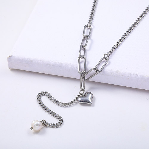 Pingente de coração personalizado com corrente de pérolas colar de aço inoxidável para mulheres