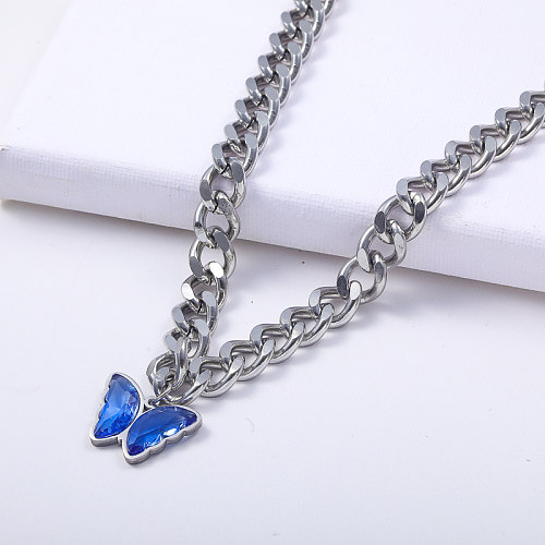 chaîne épaisse en acier inoxydable 316L avec collier pendentif papillon bleu