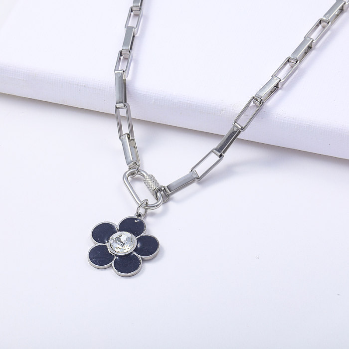 acier inoxydable 316L de couleur naturelle avec collier pendentif fleur émaillée noire
