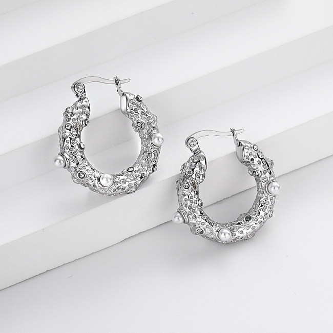 sepcial stainless steel hoop earrings irregular pattern with pearl earrings