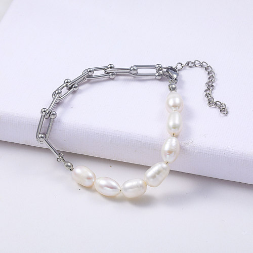 asymmetric natural color 316L stainless steel with pearl bracelet