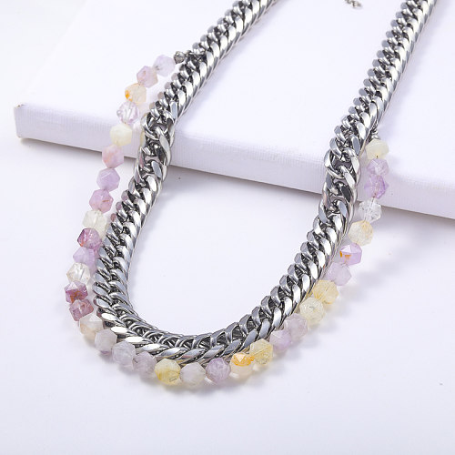 Punk Stainless Steel Chunky Chain With Purple Natural Bead Statement Necklace