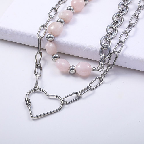 layered chain 316L stainless steel with opal stone and heart pendant necklace