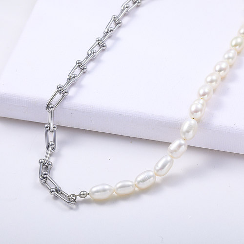 trendy asymmetric stainless steel natual pearl women necklace