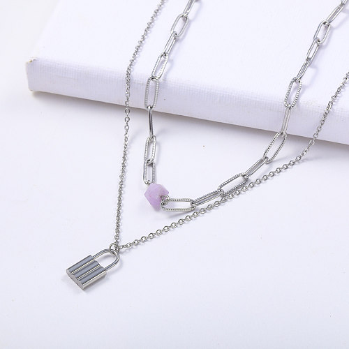 new designs lock pendant link chain layered stainless steel necklace for women