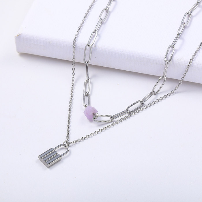 new designs lock pendant link chain layered stainless steel necklace for women