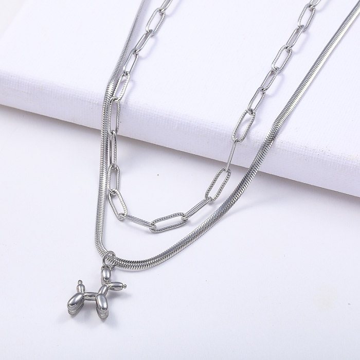 Trendy stainless steel balloon dog with snake chain layered necklace for women