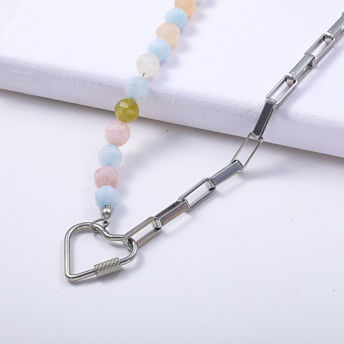 Pendentif coeur dévissable en acier inoxydable de mode avec collier de chaîne rectangle perlé coloré