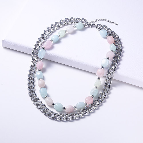 layered chain stainless steel with natural opal stone necklace