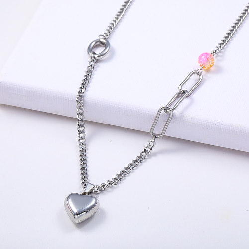 colgante de corazón de acero inoxidable de moda con collar de cadena de eslabones de cuentas para mujer