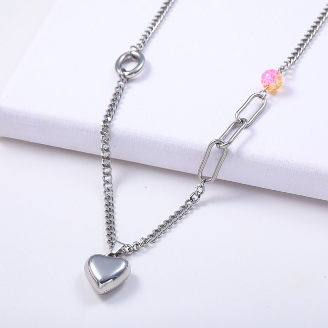 trendy stainless steel heart pendant with bead link chain necklace for women
