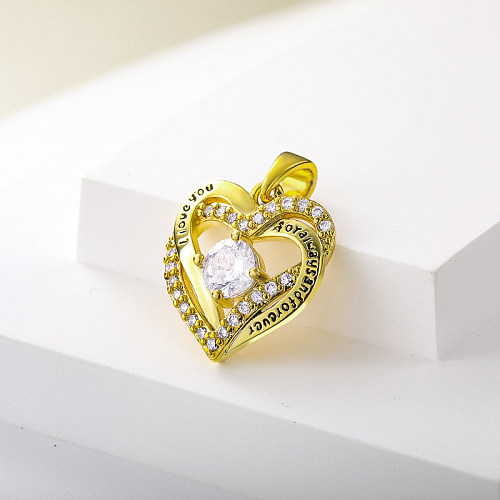pingente de latão folheado a ouro em formato de coração com zircônias