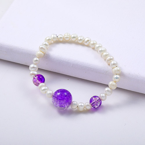 Cute Purple Crackle Beaded With FreshWater Pearl Beaded Bracelet