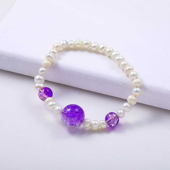 Joli craquelé violet perlé avec bracelet perlé de perles d'eau douce